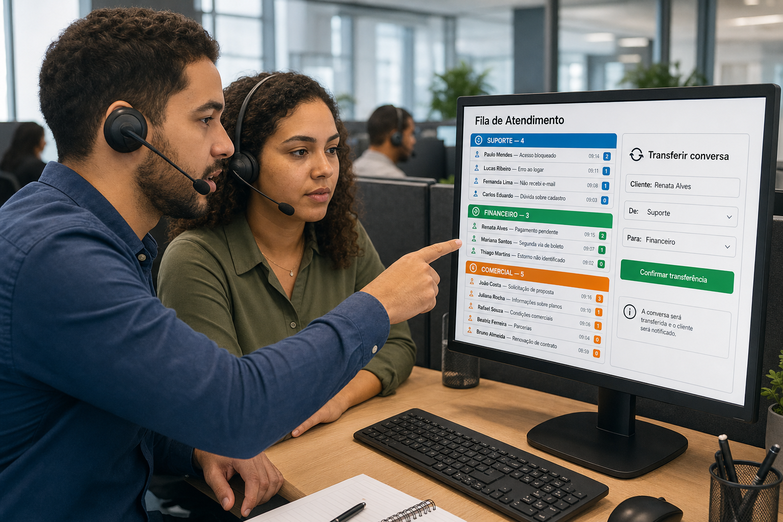 Dois atendentes de headset olham a fila por setor no monitor, onde a caixa de transferência move a cliente Renata Alves do suporte para o financeiro.