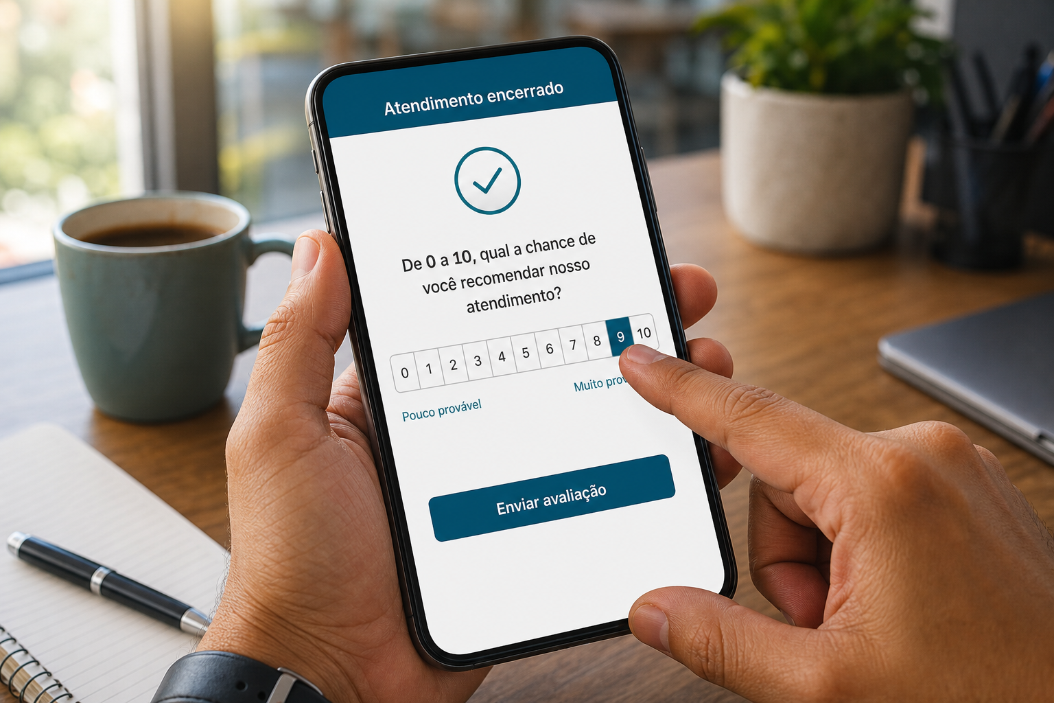 Cliente toca a nota 9 na pesquisa aberta no celular sob o aviso de atendimento encerrado, antes de enviar a avaliação.