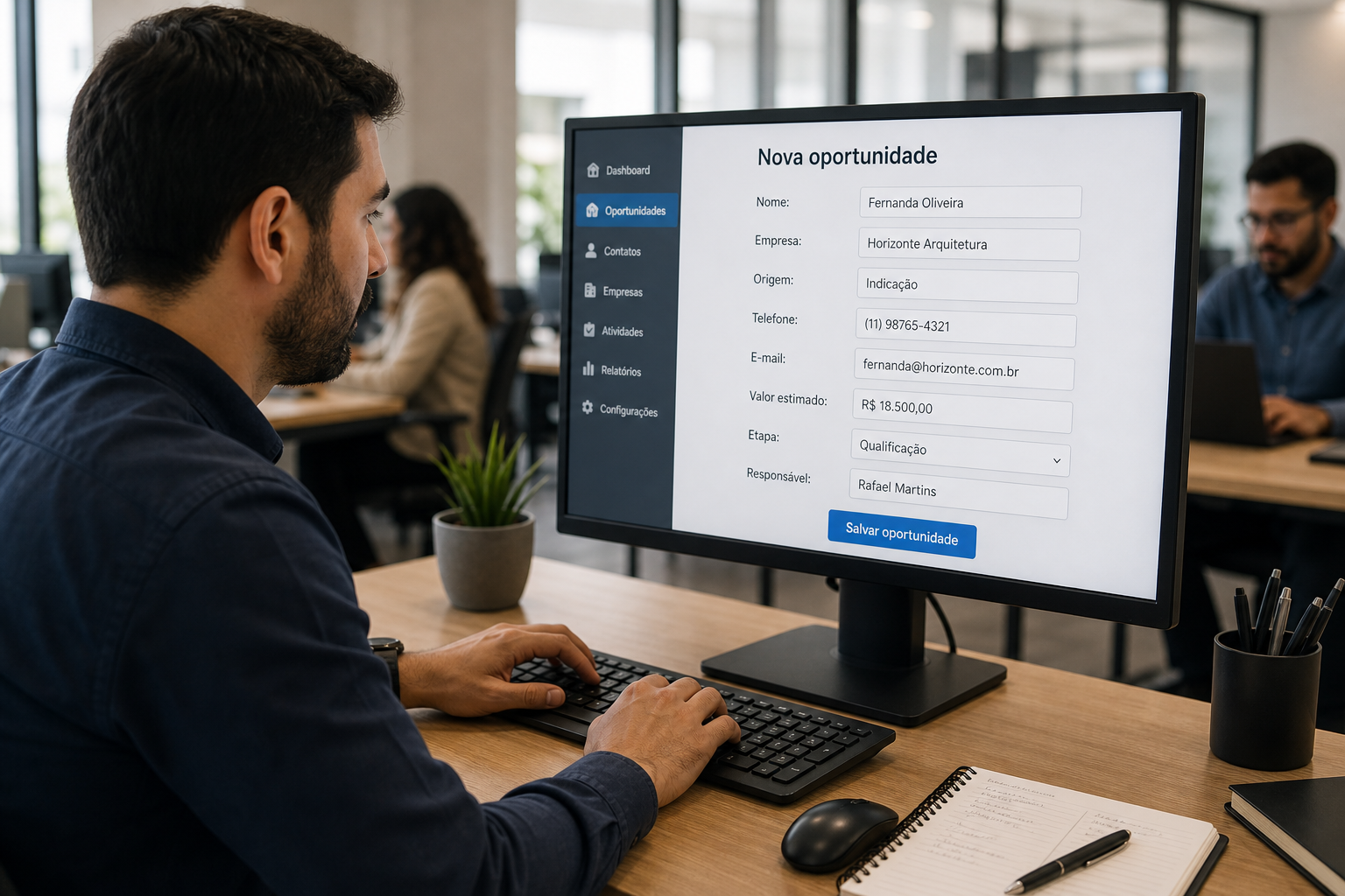 Homem digita em um computador de mesa o cadastro de nova oportunidade: Fernanda Oliveira, da Horizonte Arquitetura, R$ 18.500,00 em qualificação.