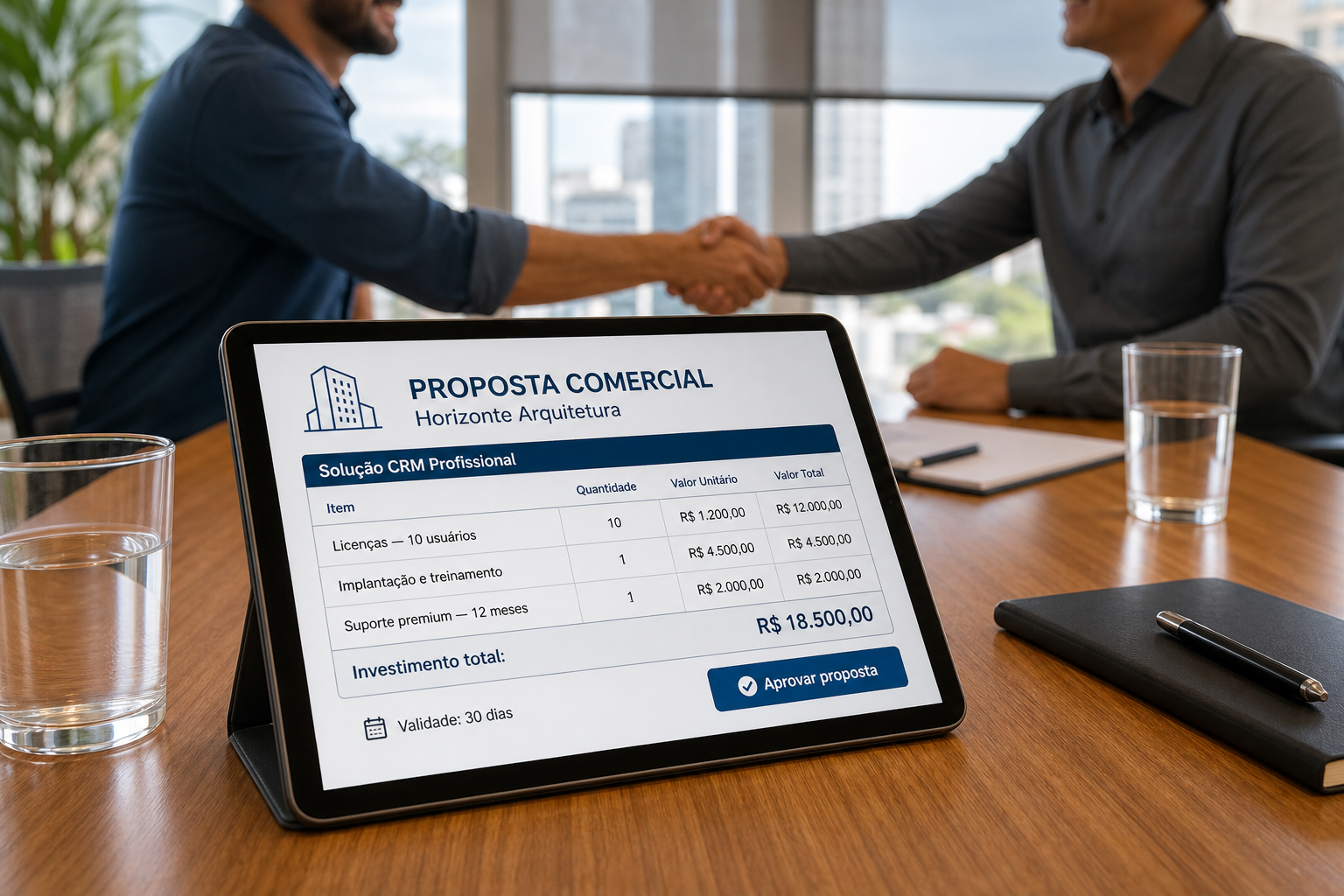 Dois homens se cumprimentam à mesa enquanto um tablet exibe a proposta da Horizonte Arquitetura: licenças, implantação e suporte, total de R$ 18.500,00.