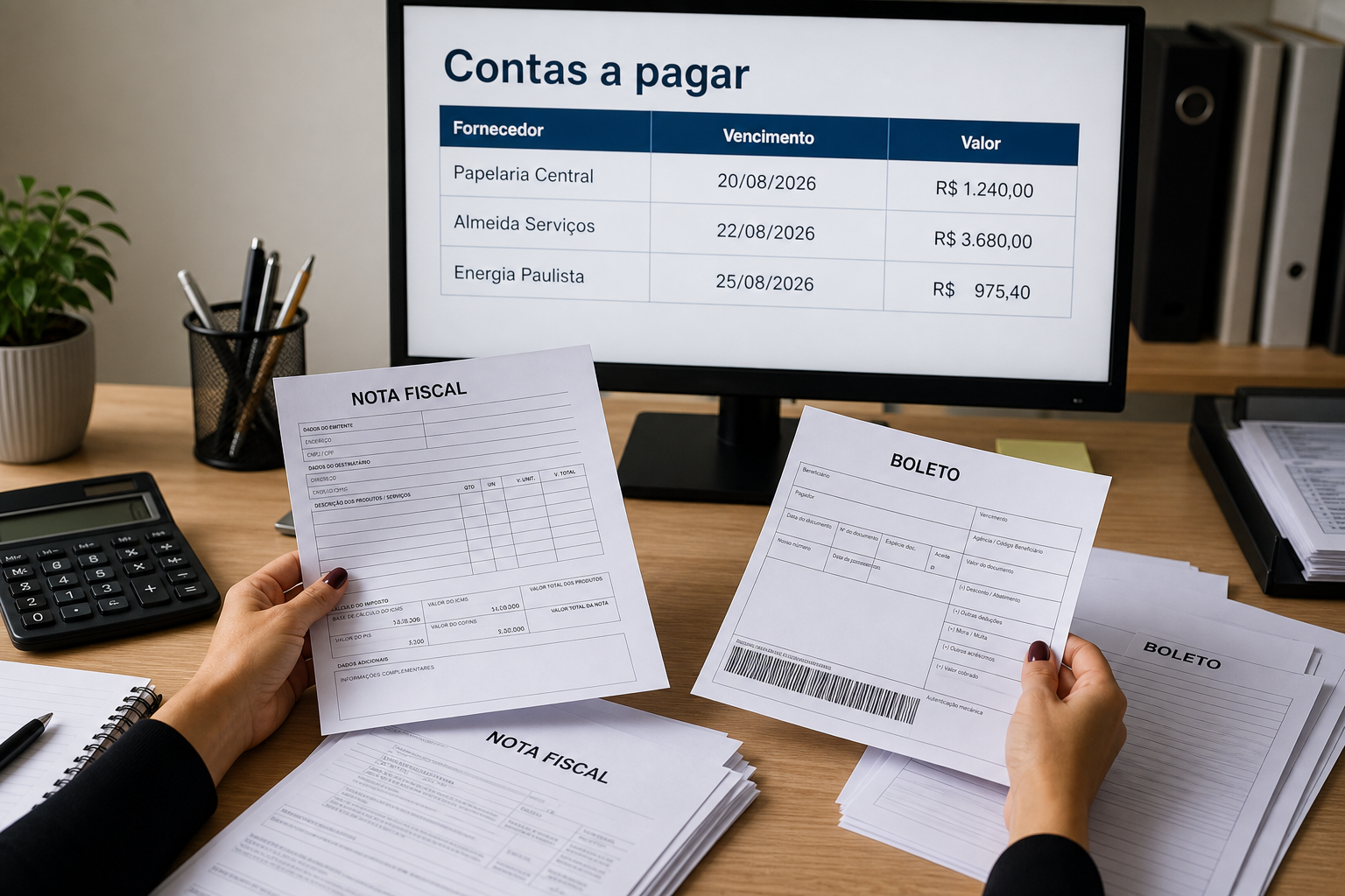 Mãos seguram uma nota fiscal e um boleto diante da tela de contas a pagar, com vencimentos de 20 a 25/08/2026 e valores de R$ 975,40 a R$ 3.680,00.