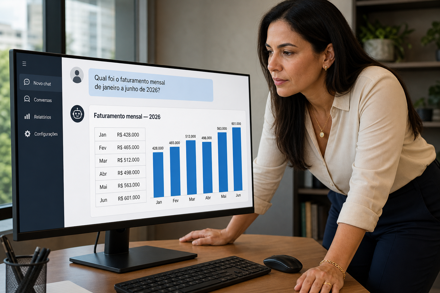 Gestora observa no monitor a resposta do assistente: faturamento mensal de 2026 em tabela e barras, de R$ 428.000 em janeiro a R$ 601.000 em junho.
