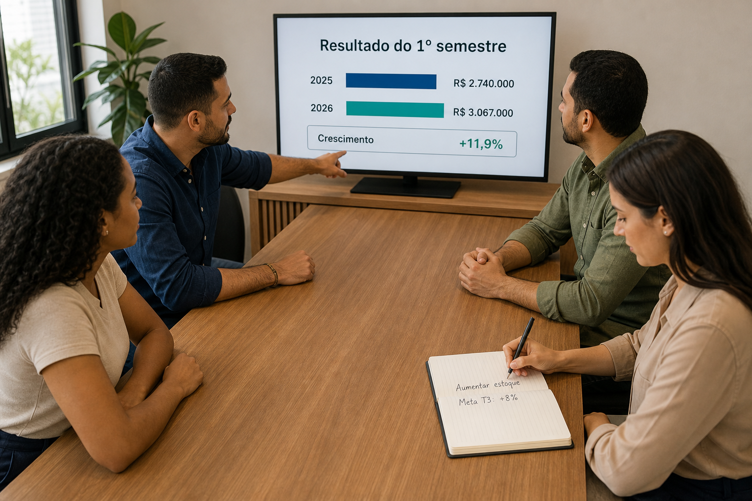 Quatro pessoas à mesa diante do resultado do 1º semestre, R$ 3.067.000 contra R$ 2.740.000 e crescimento de 11,9%, enquanto uma anota a meta do T3.