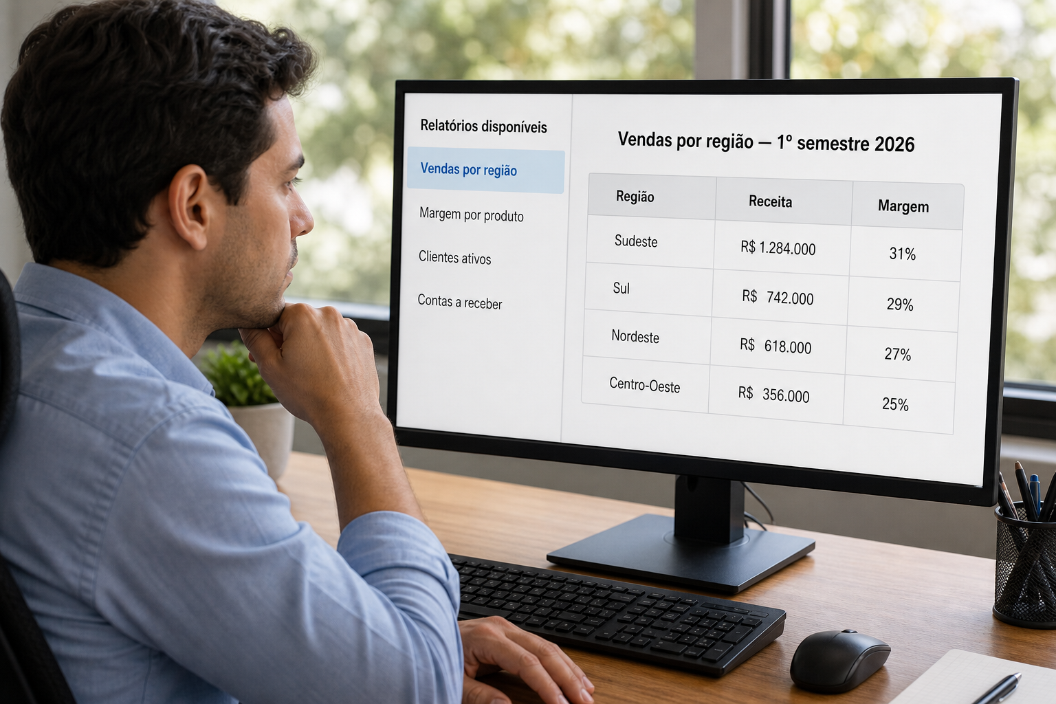 Gestor lê no monitor o relatório de vendas por região do 1º semestre de 2026, com o Sudeste à frente: R$ 1.284.000 e margem de 31%.