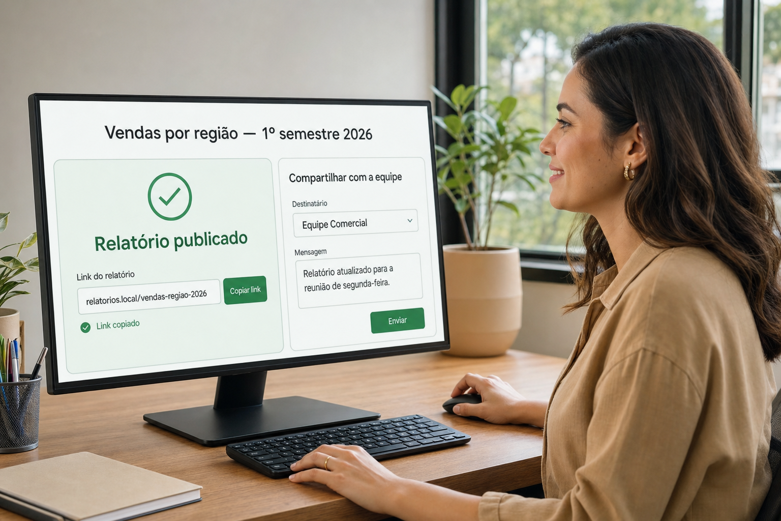 Analista vê na tela o aviso de relatório publicado, o link já copiado e o painel de compartilhamento endereçado à Equipe Comercial.
