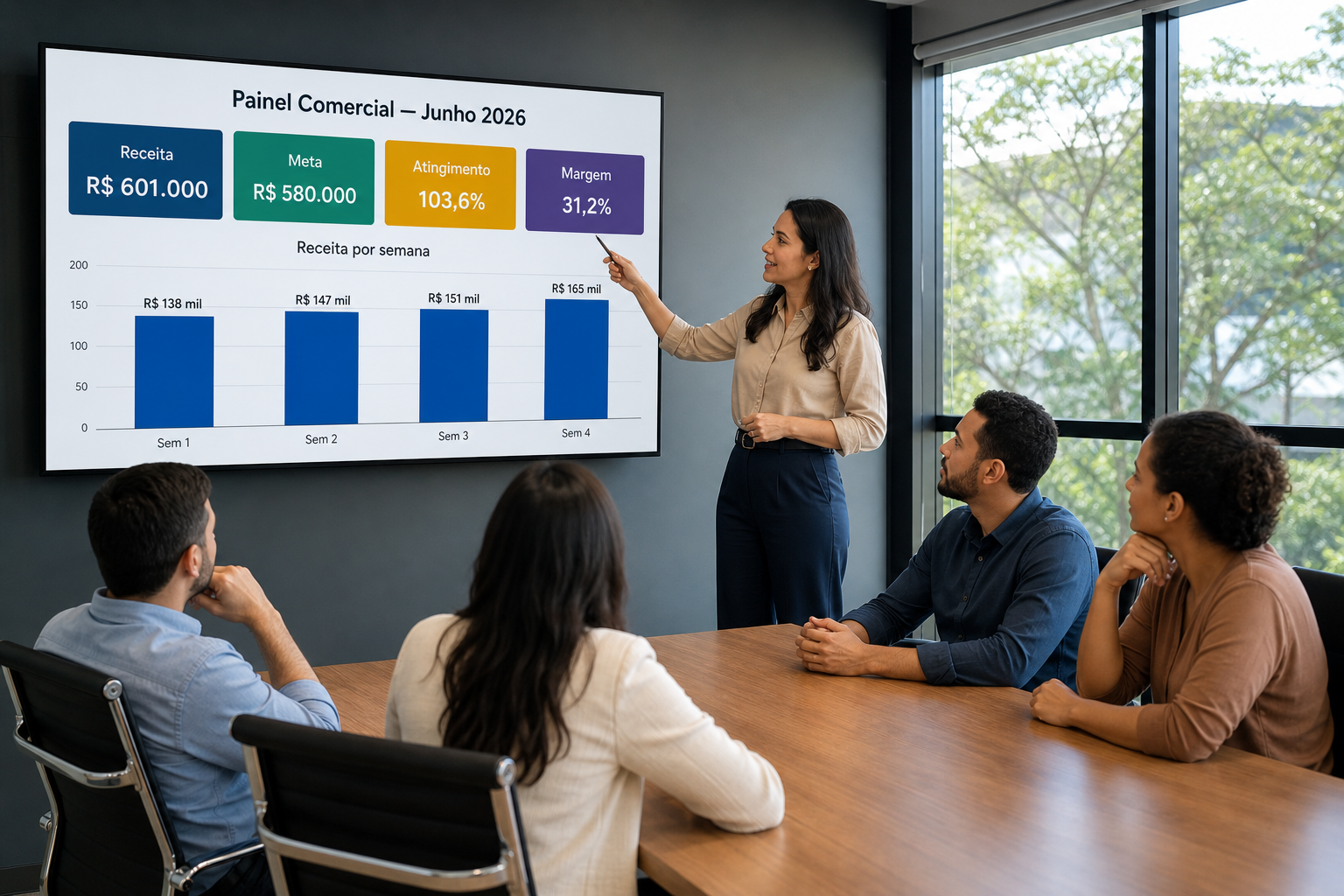 Apresentadora aponta o painel comercial de junho de 2026 para a equipe: receita de R$ 601.000, meta de R$ 580.000 e atingimento de 103,6%.