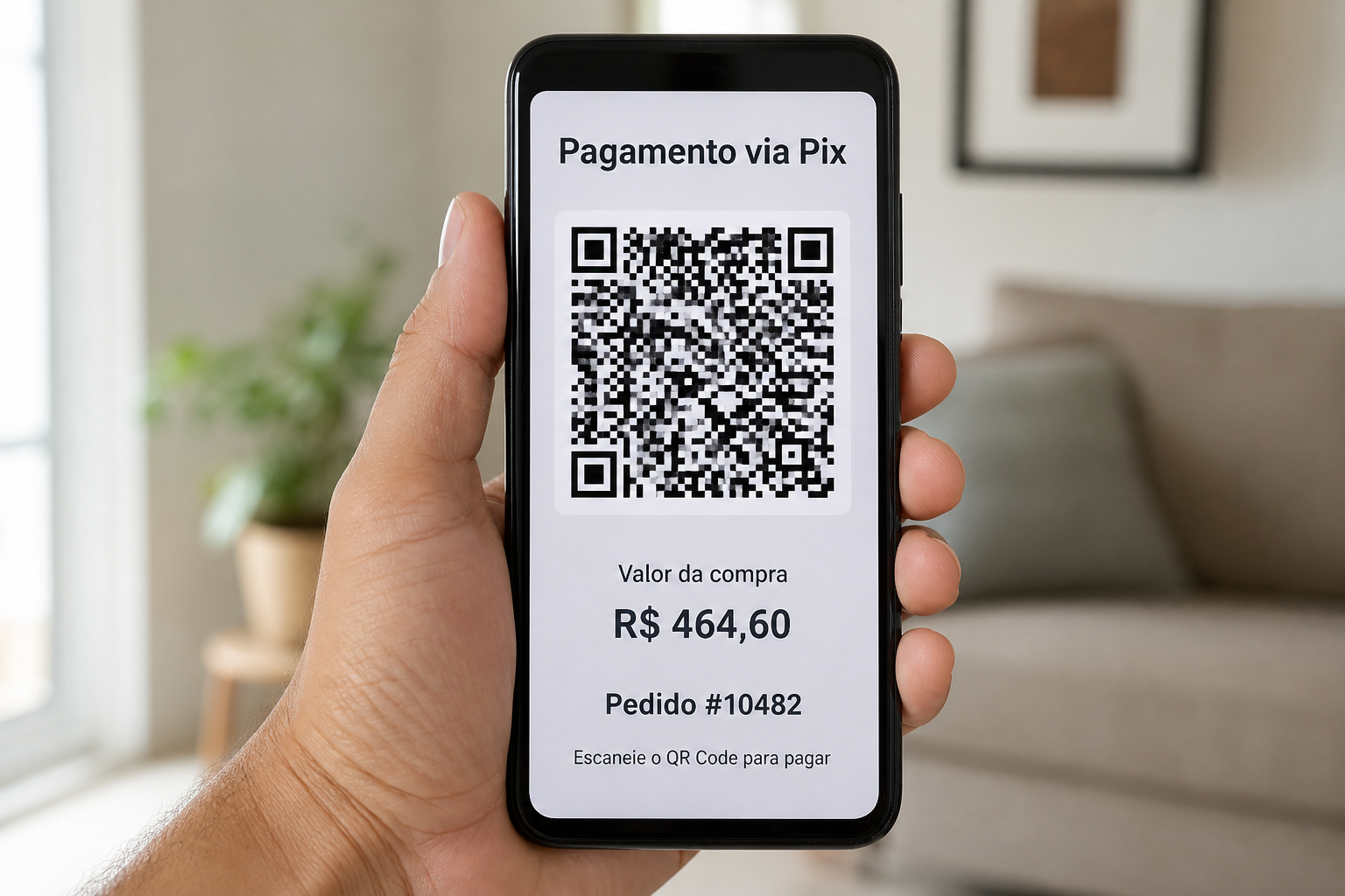 Celular na mão exibe o QR Code do Pix com o valor da compra de R$ 464,60 e o pedido #10482 aguardando o pagamento.