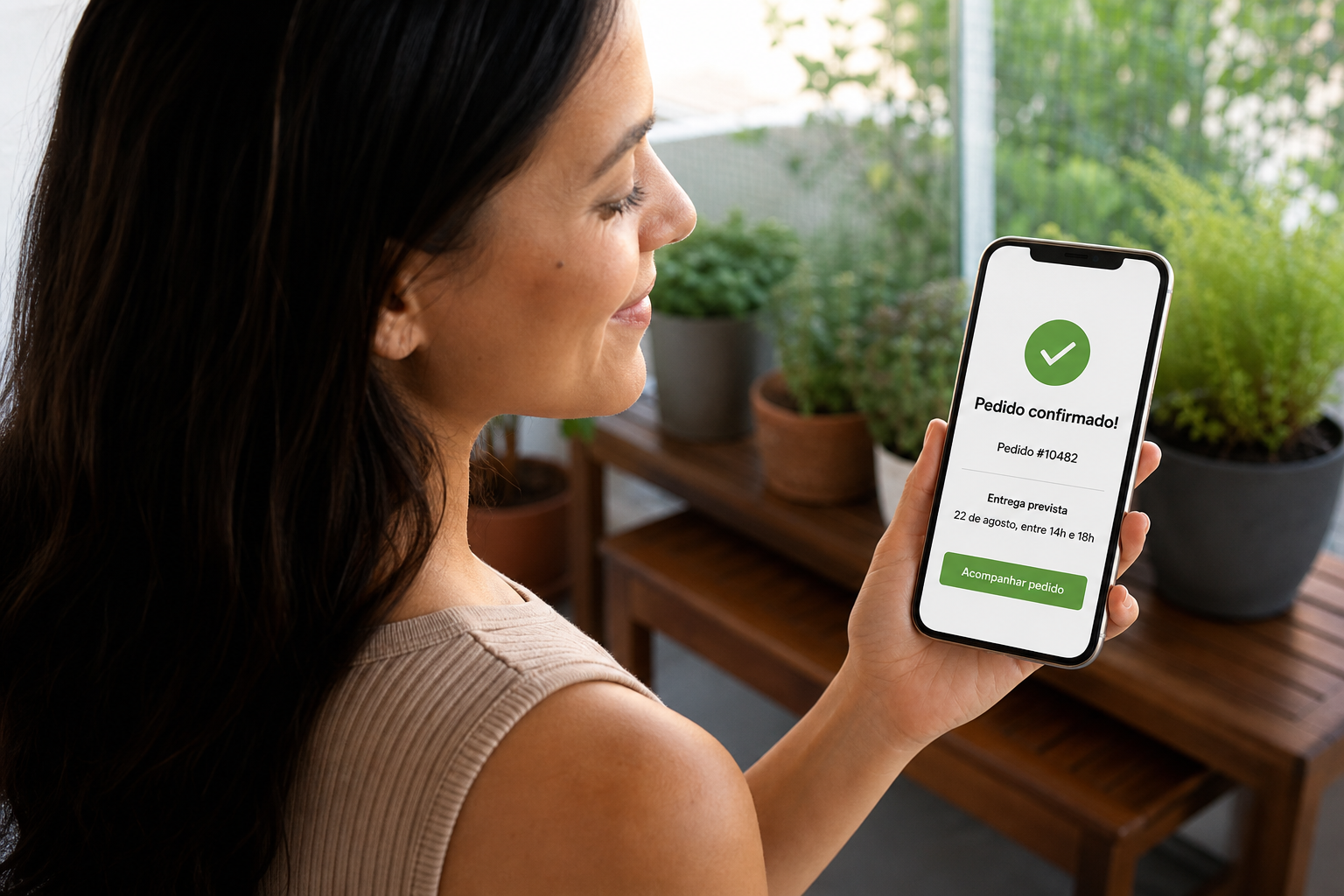 Cliente sorri diante do celular com a confirmação do pedido #10482 e a entrega prevista para 22 de agosto, entre 14h e 18h.