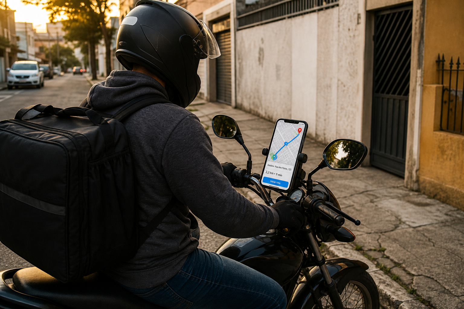Entregador de capacete e mochila térmica na moto, com o celular no guidão traçando a rota até a Rua das Flores, 125: 3,2 km em 9 minutos.