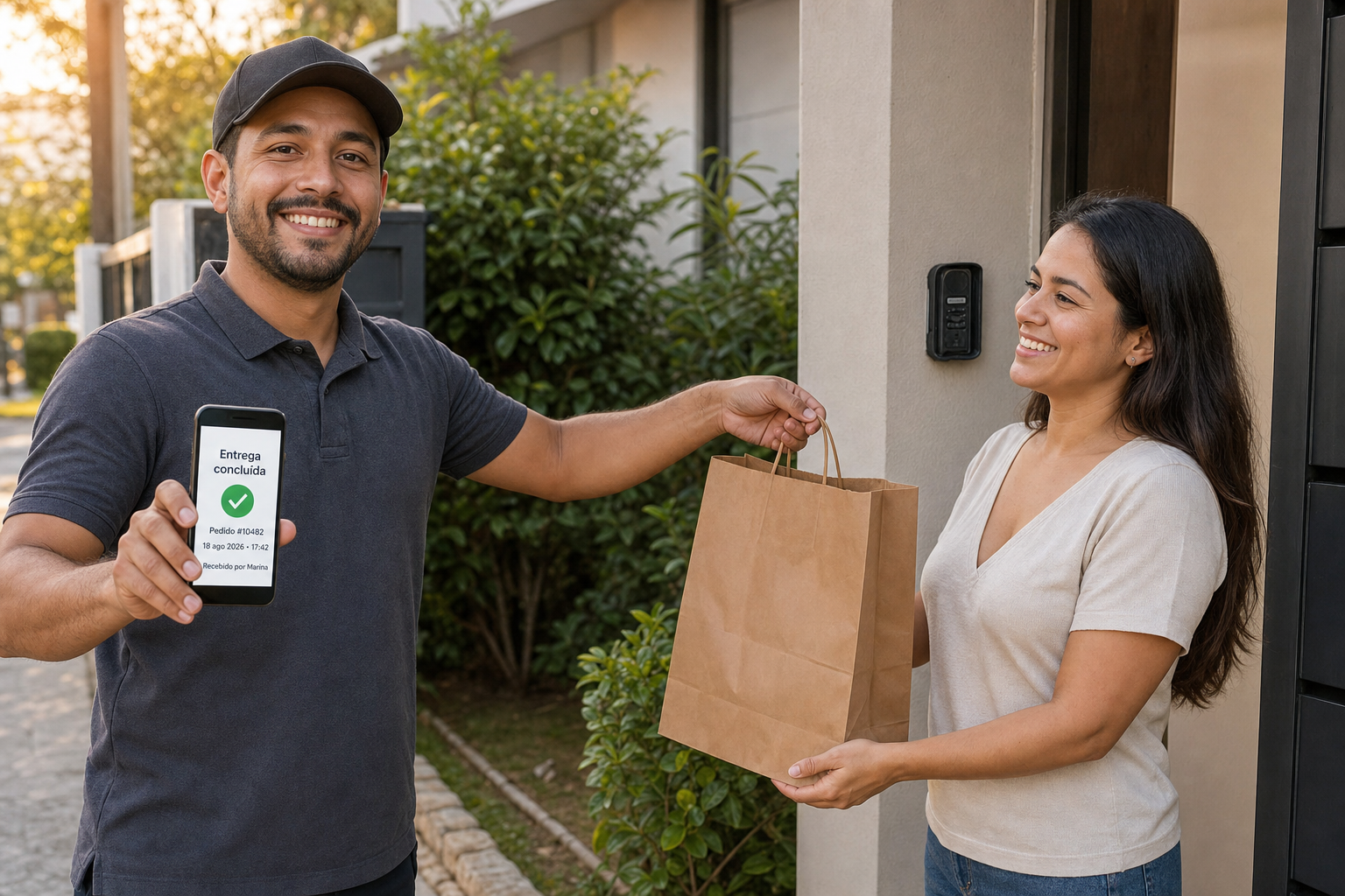 Entregador estende a sacola à cliente na porta e mostra no celular a entrega concluída do pedido #10482, recebida por Marina às 17h42.