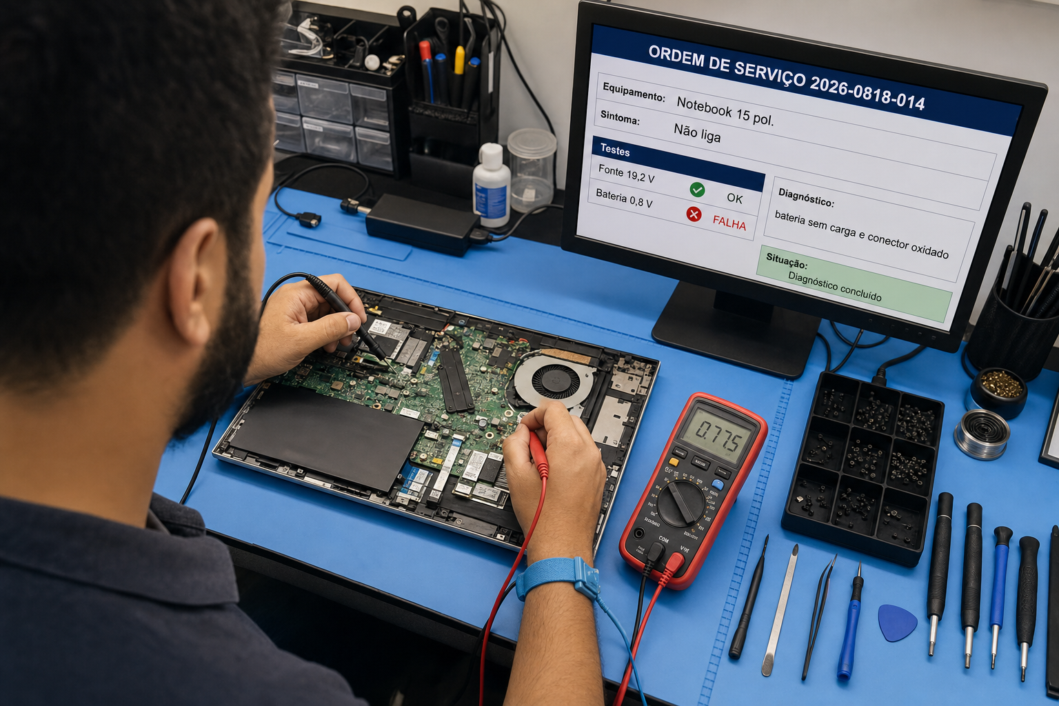 Técnico mede com multímetro a placa do notebook aberto enquanto a tela registra a fonte em 19,2 V como OK e a bateria em 0,8 V como falha.