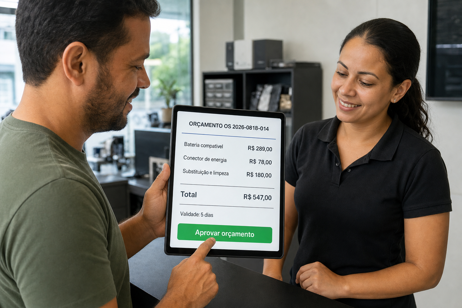 Cliente segura um tablet com o orçamento de R$ 547,00 da OS 2026-0818-014 e o dedo sobre o botão verde Aprovar orçamento, ao lado da atendente.