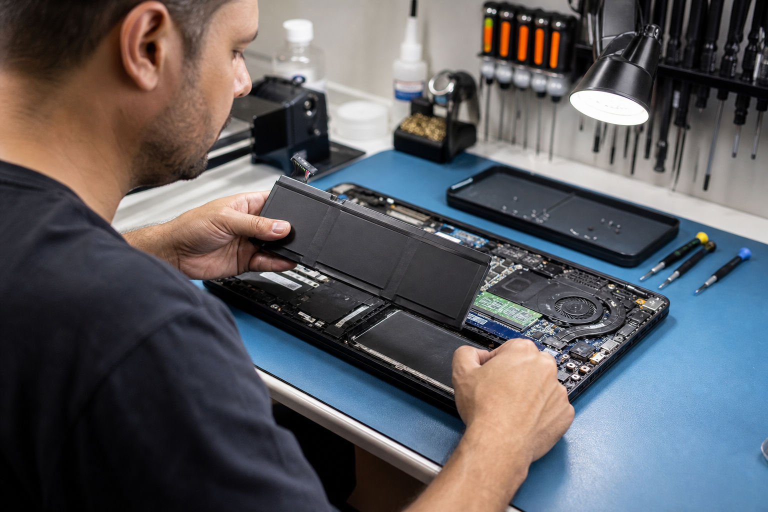 Técnico segura a bateria acima do notebook aberto na bancada azul da oficina, com chaves de precisão e luminária ao lado.