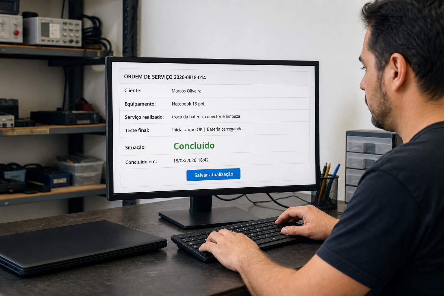 Técnico digita diante da OS 2026-0818-014, que mostra o serviço de troca da bateria e do conector e o registro de conclusão em 18/08/2026 às 16:42.