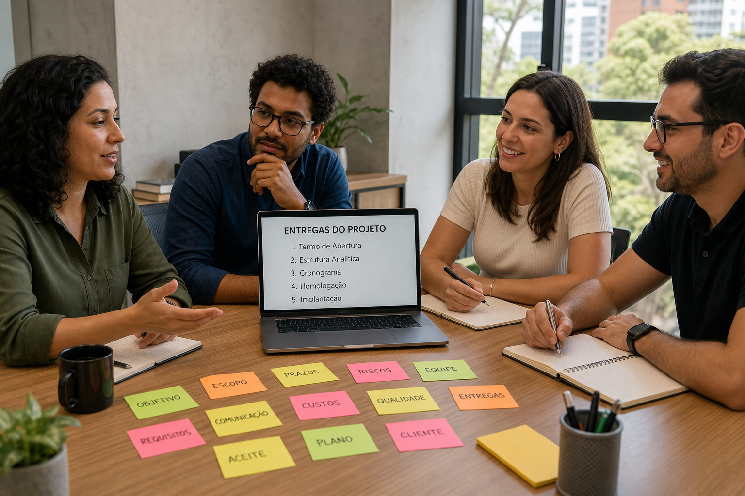 Quatro colegas conversam à mesa coberta de post-its como escopo, prazos e riscos, diante de um notebook que lista as cinco entregas do projeto.