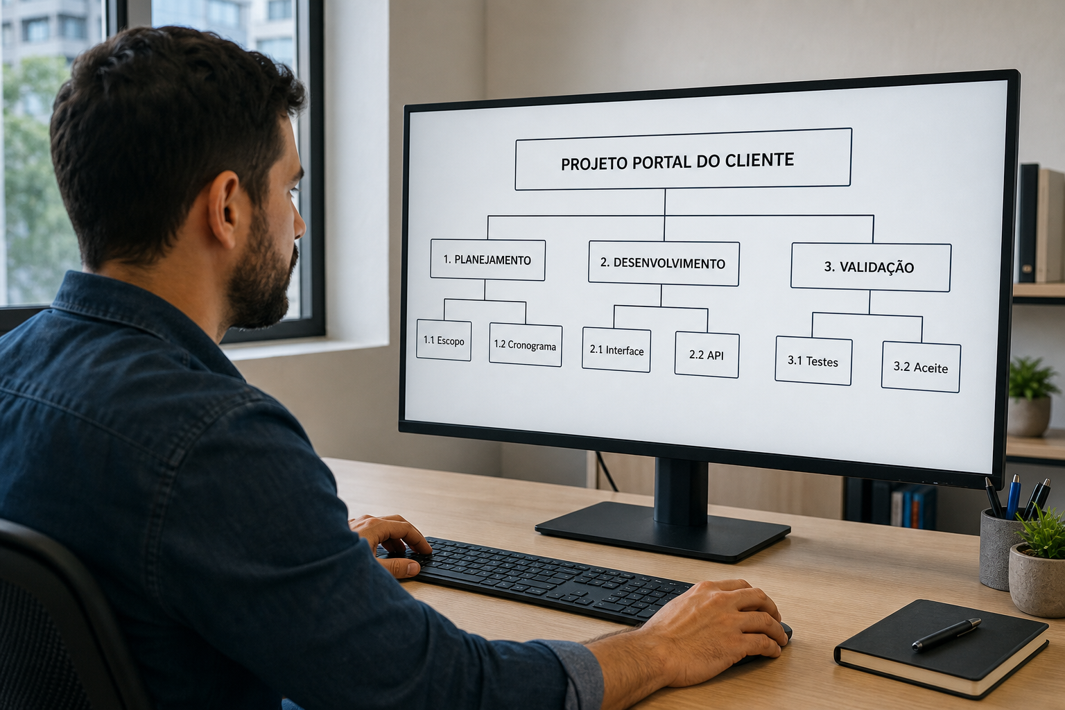 Homem observa no monitor a estrutura do Projeto Portal do Cliente, dividida em planejamento, desenvolvimento e validação com dois itens cada.