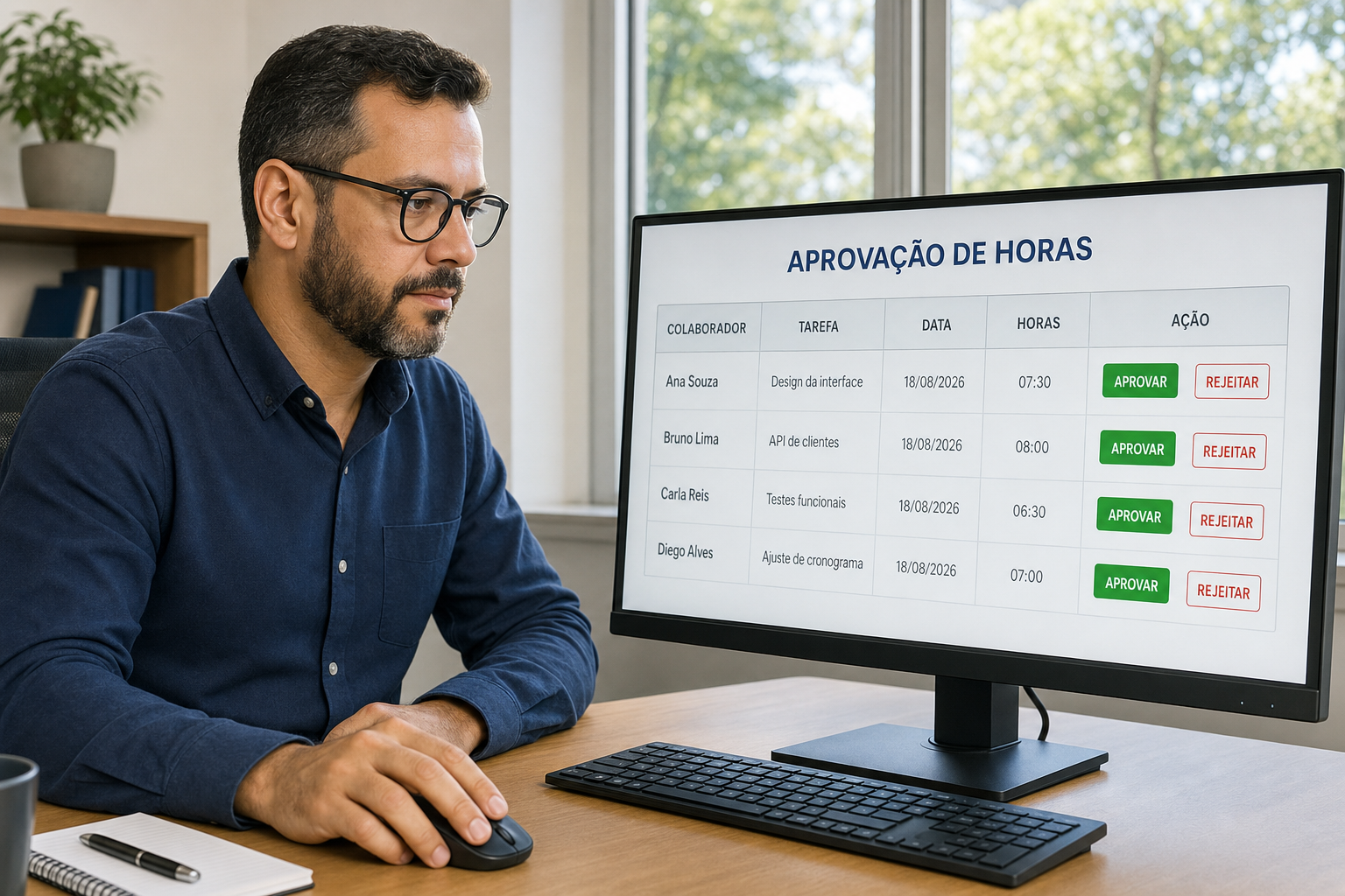 Homem de óculos usa o mouse diante da tela de aprovação de horas, com quatro lançamentos de 18/08/2026 e botões aprovar ou rejeitar por linha.