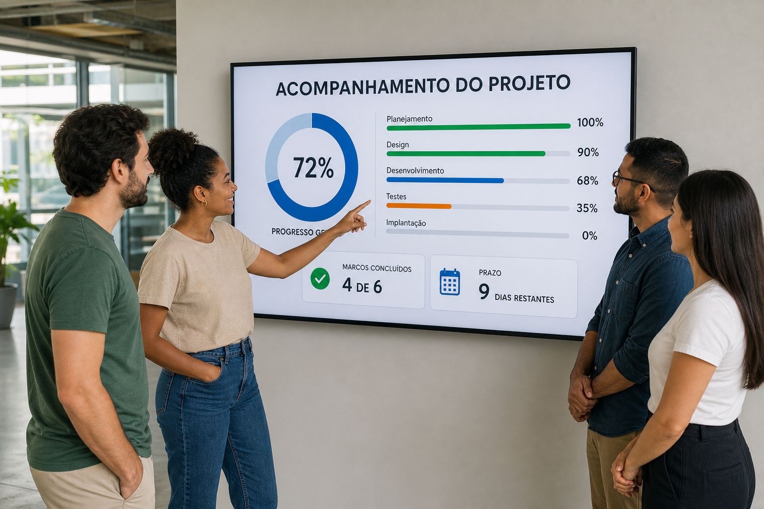 Colega aponta o painel na parede para outras três pessoas: progresso geral de 72%, testes em 35%, 4 de 6 marcos concluídos e 9 dias restantes.