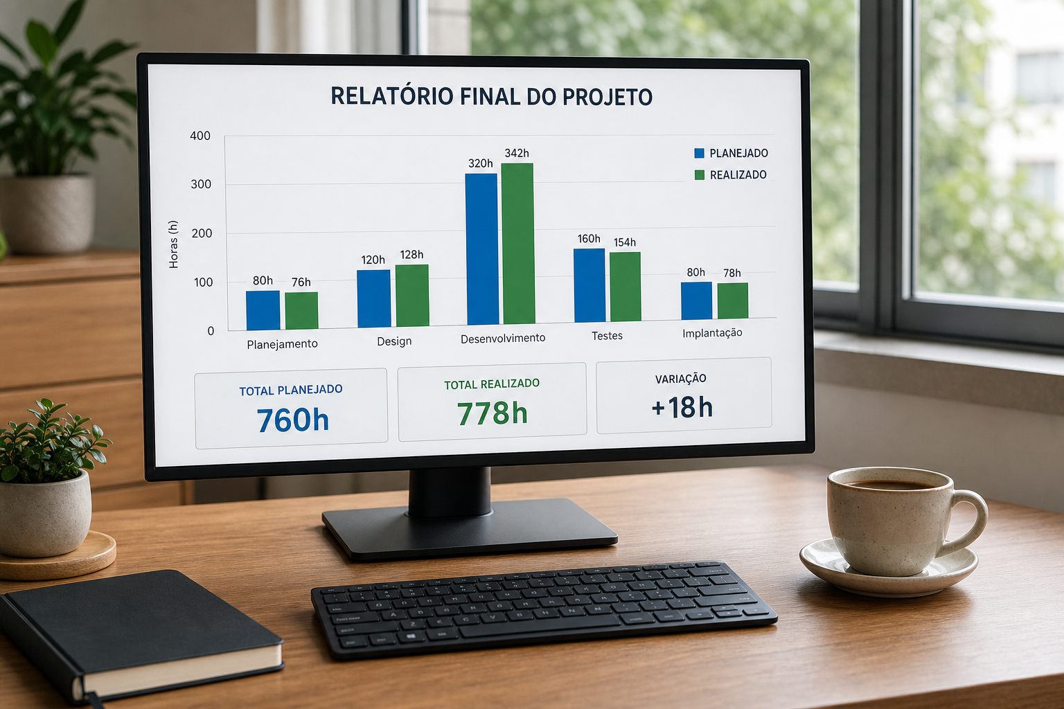 Monitor sobre a mesa exibe o relatório final do projeto em barras: 760 horas planejadas contra 778 realizadas, variação de mais 18 horas.