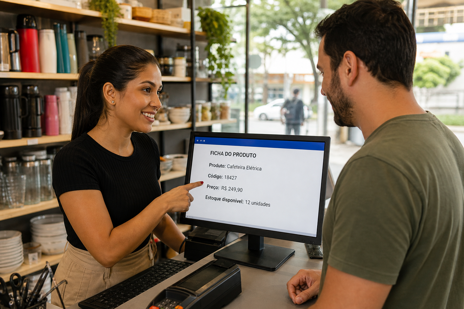 Vendedora aponta no monitor do balcão a ficha da Cafeteira Elétrica, código 18427, preço R$ 249,90 e 12 unidades em estoque, enquanto o cliente acompanha.