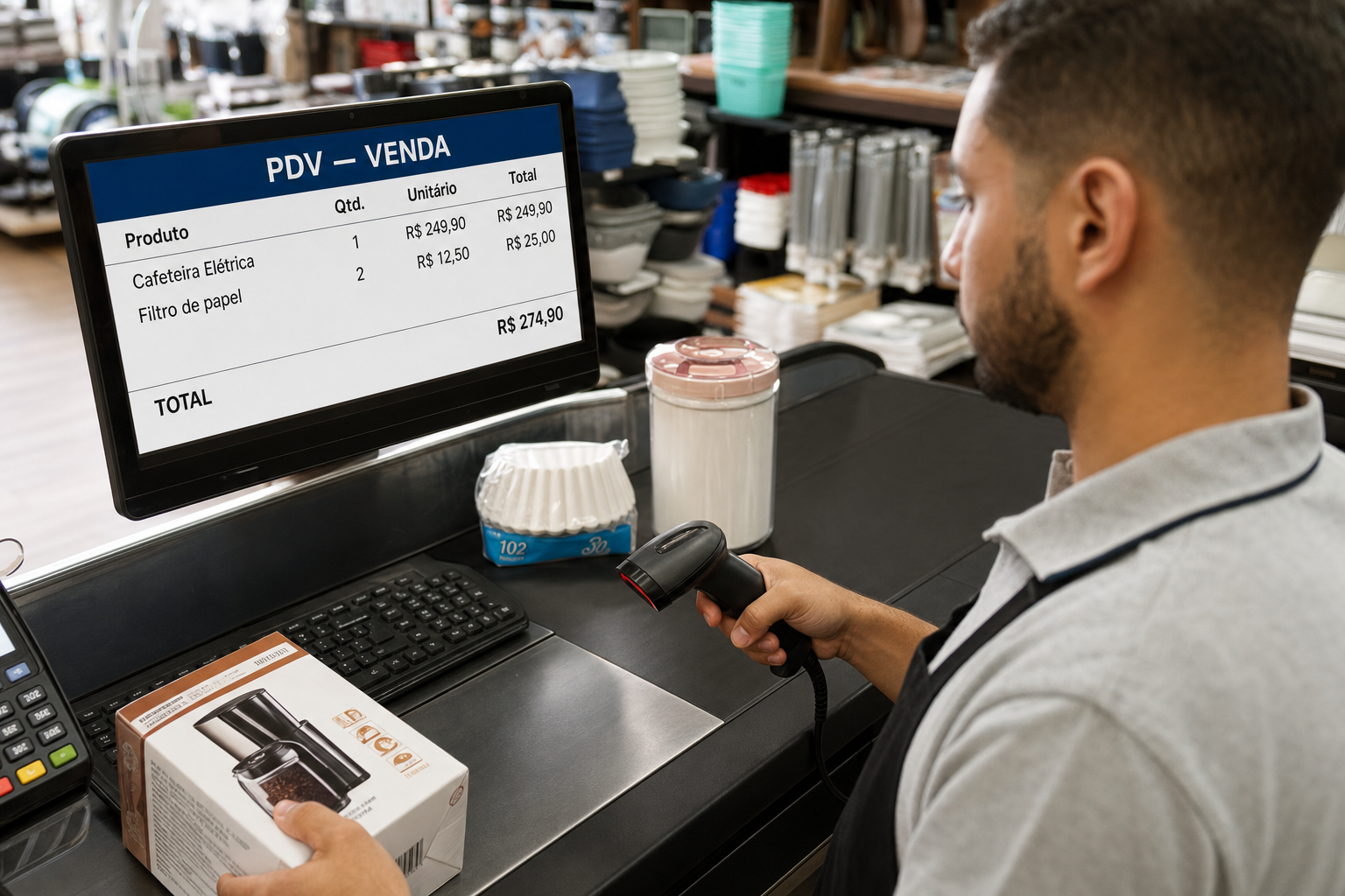 Operador de caixa segura o leitor e a caixa do produto enquanto a tela do PDV soma cafeteira e filtros: total R$ 274,90.