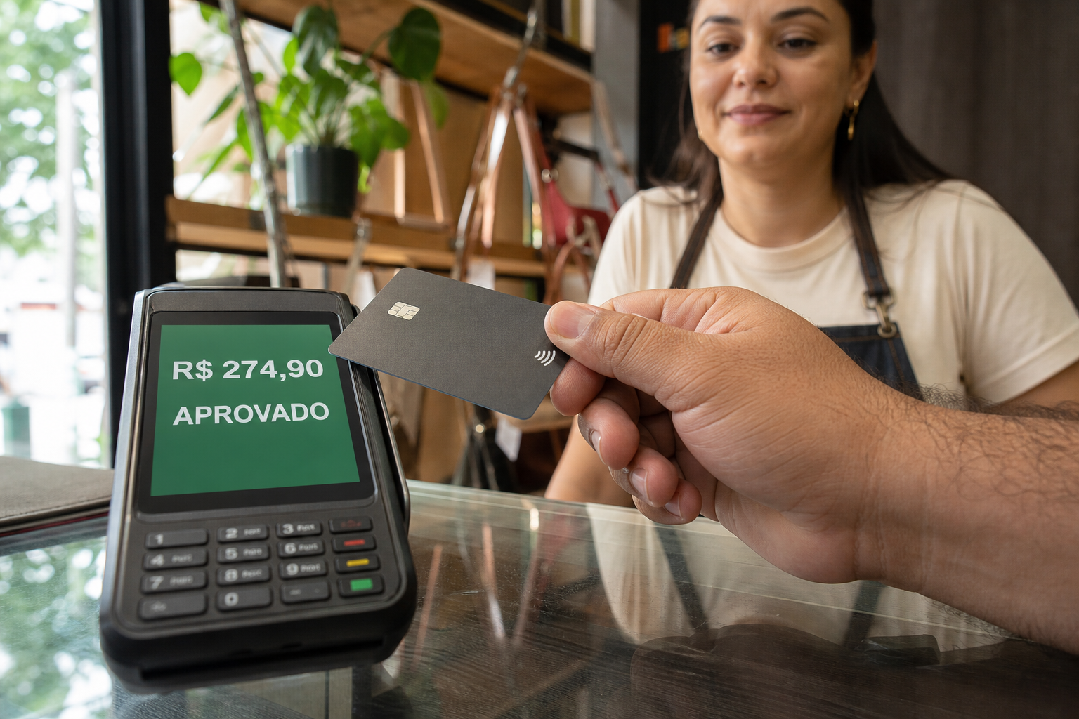 Cliente encosta o cartão na maquininha, que exibe em verde R$ 274,90 aprovado, enquanto a atendente observa do outro lado do balcão.