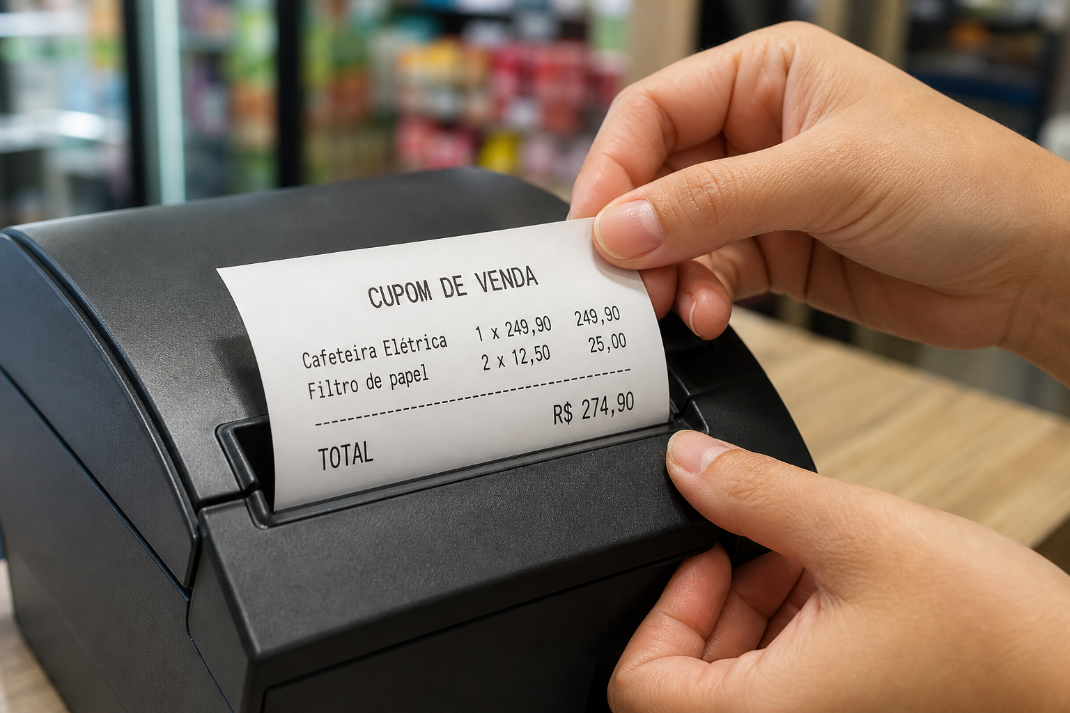 Mãos puxam da impressora térmica o cupom de venda com cafeteira, dois filtros de papel e total de R$ 274,90.