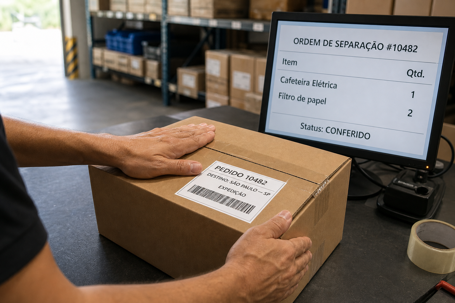 Funcionário apoia as mãos numa caixa com etiqueta do pedido 10482 para São Paulo, e o monitor ao lado mostra a ordem de separação conferida.