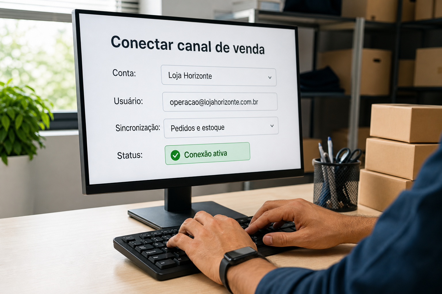 Mãos no teclado enquanto a tela mostra a conta Loja Horizonte configurada para sincronizar pedidos e estoque, com o status de conexão ativa.