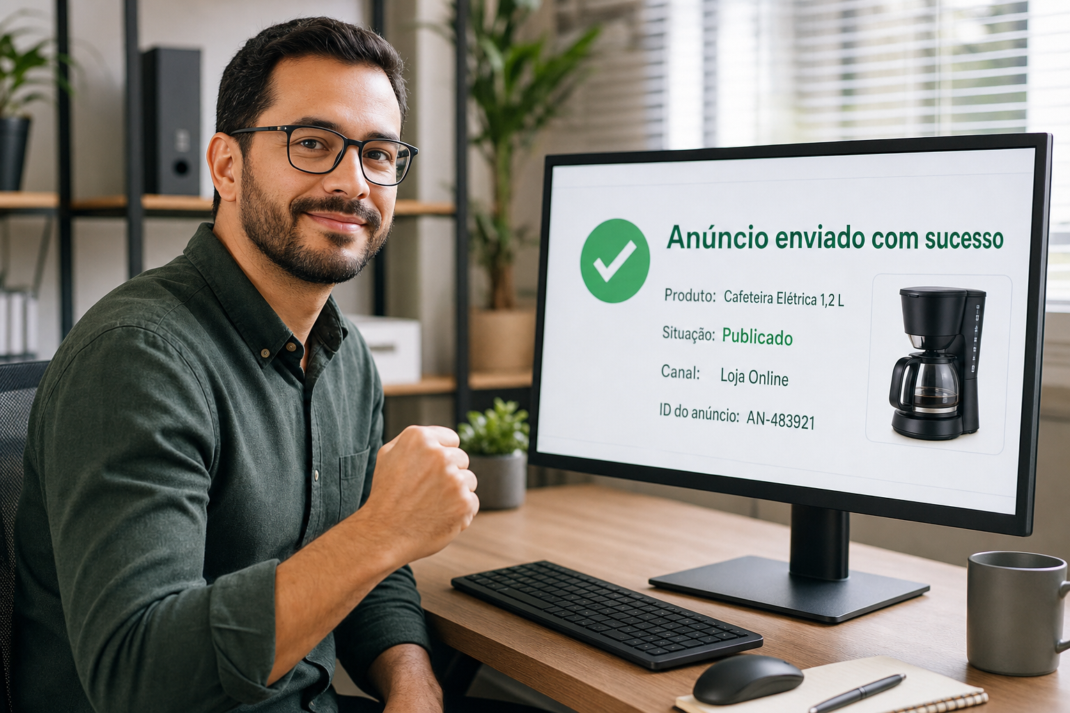 Operador sorri ao lado do monitor que confirma o envio do anúncio da Cafeteira Elétrica 1,2 L no canal Loja Online, sob o ID AN-483921.