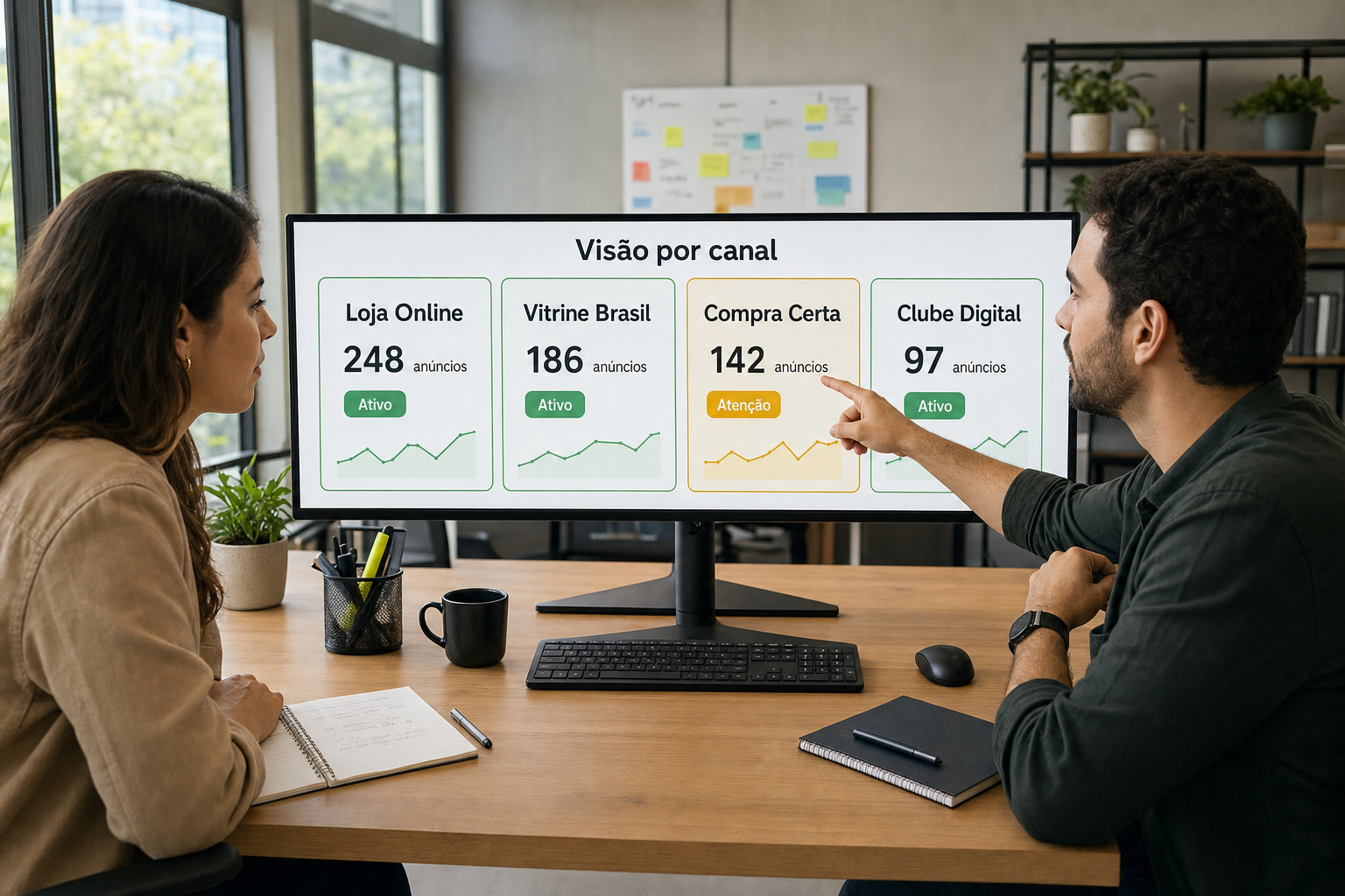 Dupla analisa a visão por canal e ele aponta o Compra Certa, com 142 anúncios em atenção, ao lado de Loja Online, Vitrine Brasil e Clube Digital.