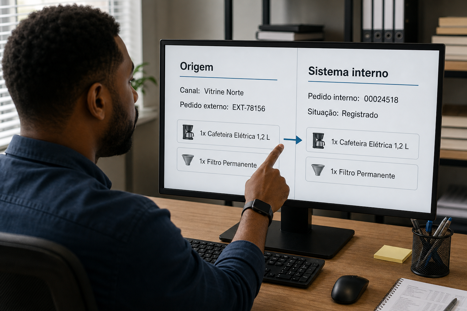 Operador aponta a tela que liga o pedido externo EXT-78156, do canal Vitrine Norte, ao pedido interno 00024518 já registrado com os mesmos itens.