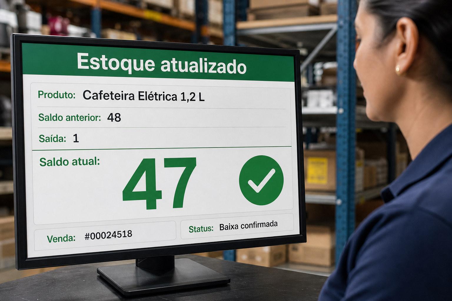 Funcionária observa no estoque o monitor que confirma a baixa da cafeteira na venda 00024518: saldo anterior 48, saída 1, saldo atual 47.