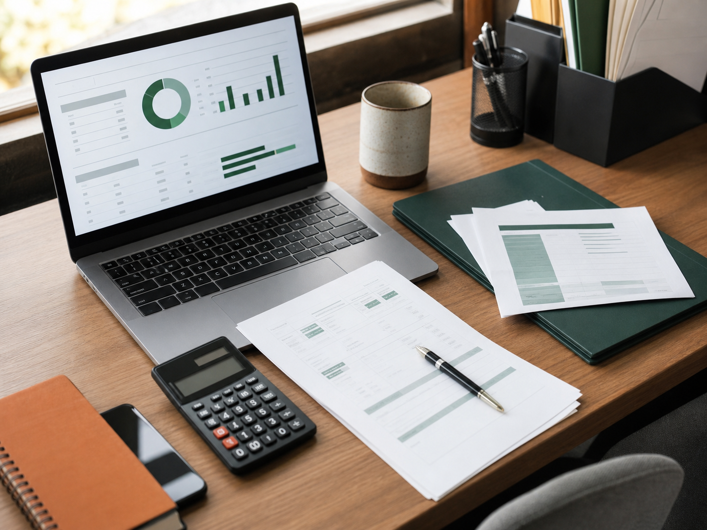 Notebook com indicadores financeiros, documentos e calculadora em uma mesa.