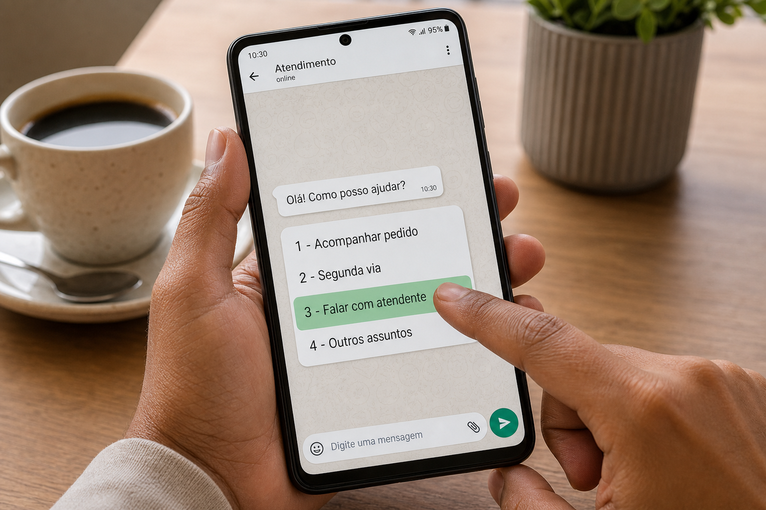 Dedo toca a opção 3, Falar com atendente, entre as quatro do menu numerado que o robô enviou no celular após perguntar como pode ajudar.
