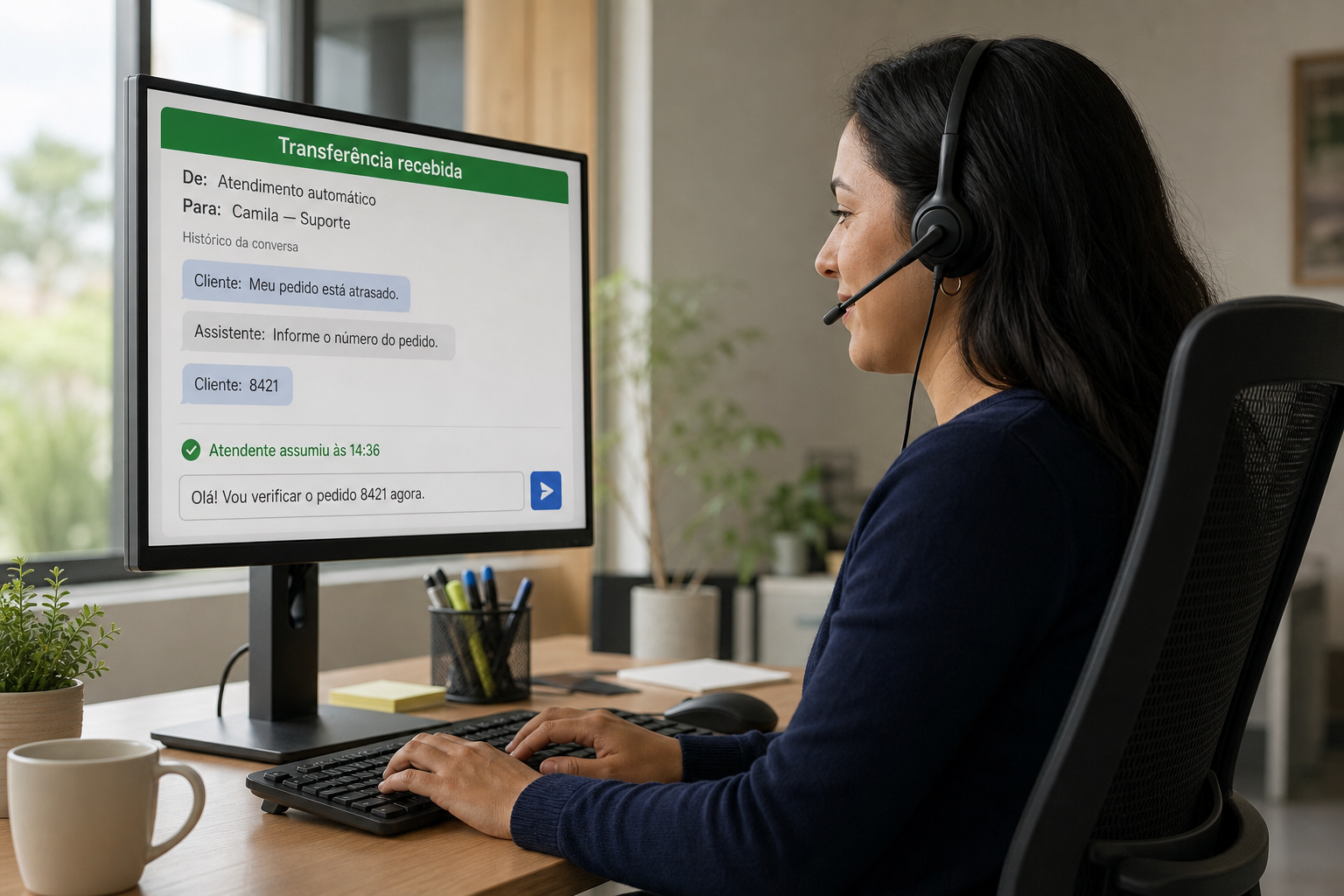 Atendente digita a resposta na tela Transferência recebida, que traz o histórico do pedido 8421 e o registro Atendente assumiu às 14:36.