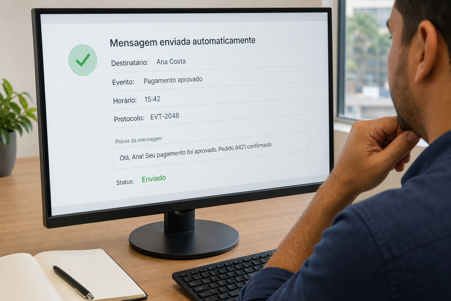 Homem observa o aviso Mensagem enviada automaticamente para Ana Costa pelo evento Pagamento aprovado às 15:42, protocolo EVT-2048, status Enviado.