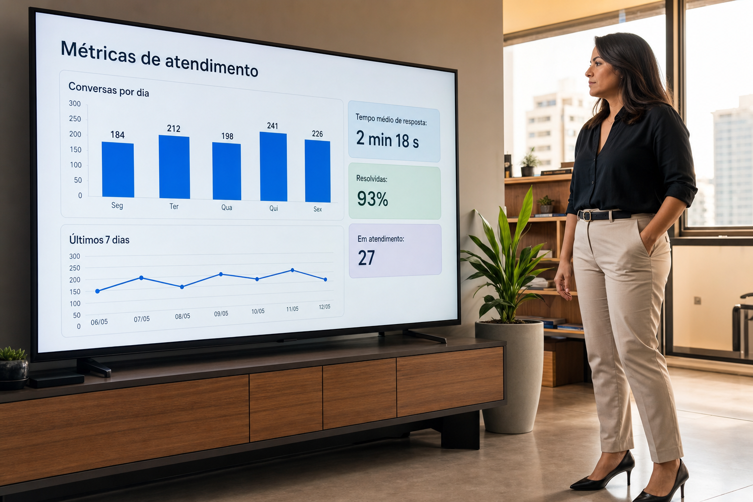 Mulher em pé diante de uma tela grande com métricas do atendimento: tempo médio de 2 min 18 s, 93% resolvidas e 27 conversas em atendimento.